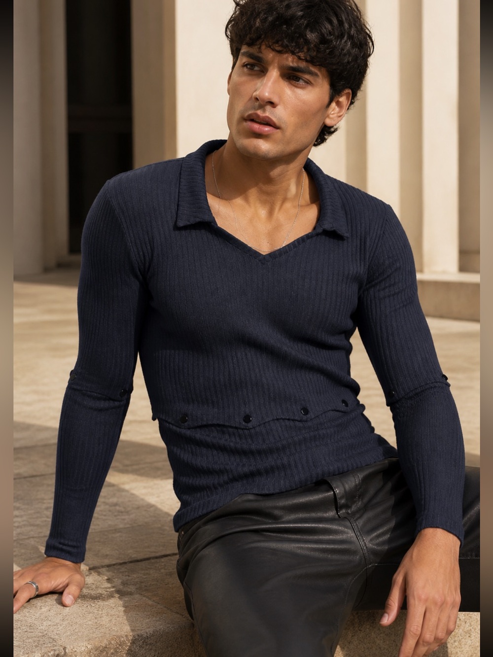 HEAD OF STATE Ade Convertible Ribbed Cutout Polo Top Navy Blue Size XL NWT